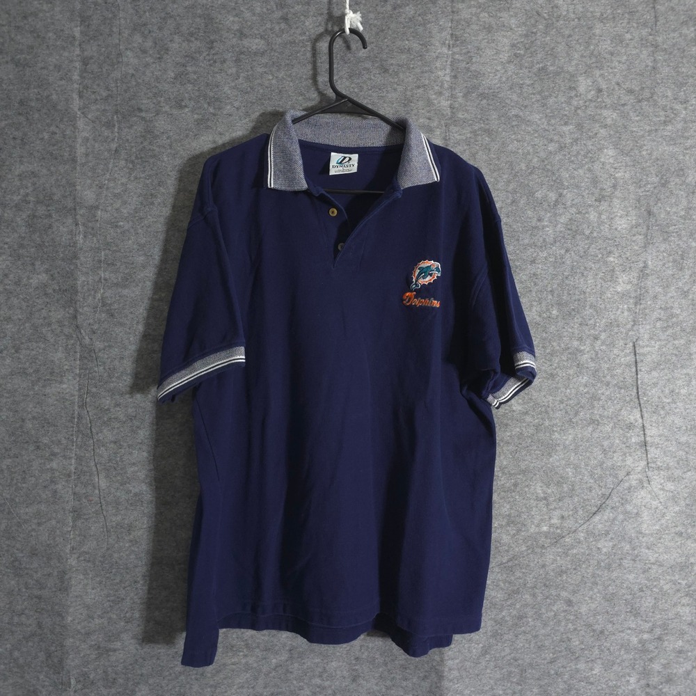 Vintage Miami Dolphins Polo Shirt NFL Football Gray Navy Mens Large Dynasty Logo